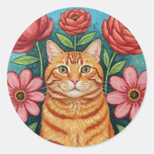 Adesivo Redondo Flores de Arte Popular de Gato Laranja