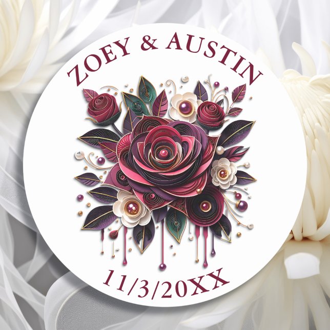 Adesivo Redondo Flores de Borgonha, Folhagem e Pérolas Personaliza (Criador carregado)