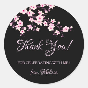 Adesivo Redondo Flores de Cerejeira Rosa Preto Obrigado
