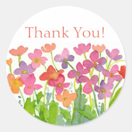 Adesivo Redondo Flores De Cor Da Água Púrpura Rosa Muito Obrigado