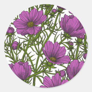 Adesivo Redondo Flores de cosmos violetas