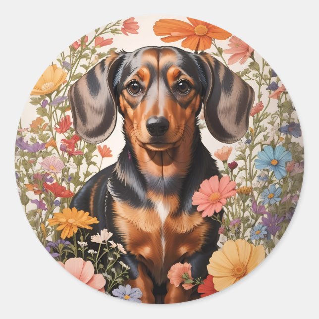 Adesivo Redondo Flores De Dachshund Castanho E Cosmos (Frente)