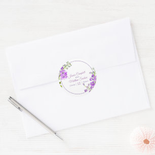 Adesivo Redondo Flores de Delphinium roxas arte de aquarela casame