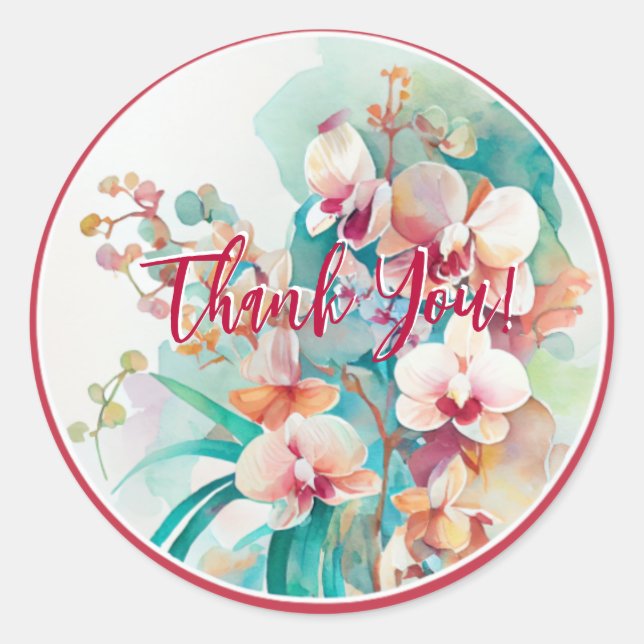 ADESIVO REDONDO FLORES DE DESIGN DE COR DA ÁGUA "OBRIGADO" (Frente)