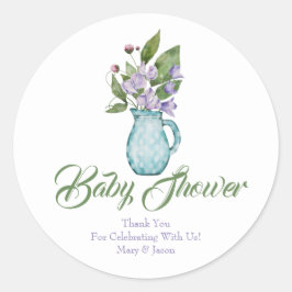 Adesivo Redondo Flores De Ervilha Púrpura Chá de fraldas Obrigado