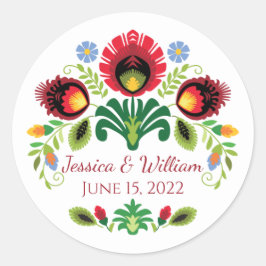 Adesivo Redondo Flores de Folhas Poloneses Vinheta Vermelha