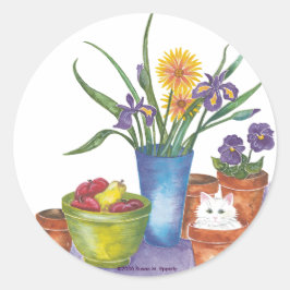 Adesivo Redondo Flores de Fruta de Gato Branco Aquarela "Liliana"