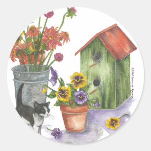 Adesivo Redondo Flores de Gato Birdhouse Watercolor "Willie"