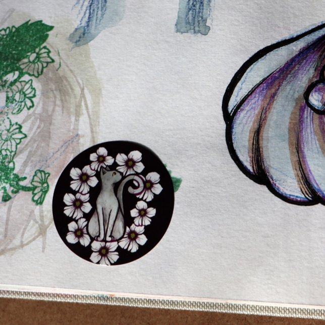 Adesivo Redondo Flores de gato branco sakura floral felinos flores (Criador carregado)