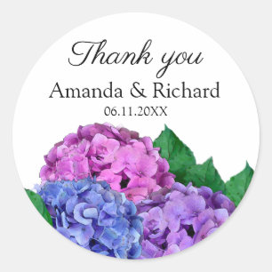 Adesivo Redondo Flores de Hydrangea Azul e Rosa Casamento Obrigado