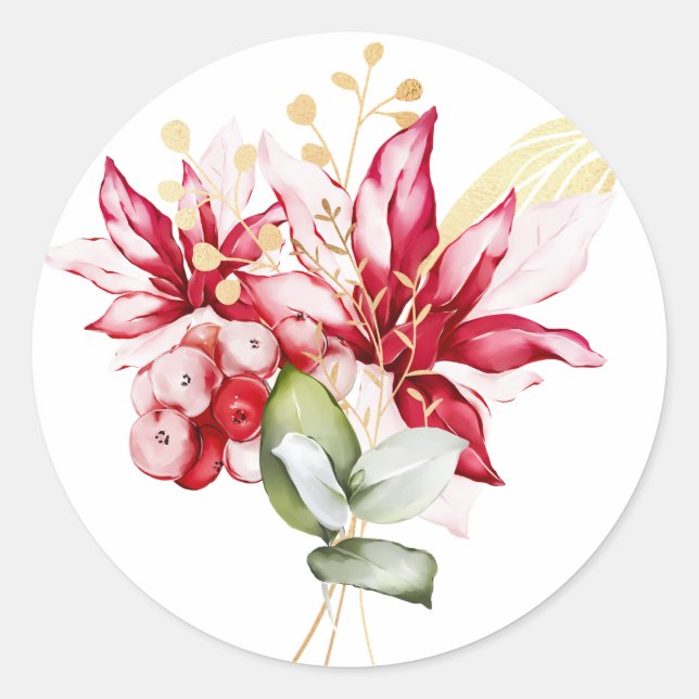 Adesivo Redondo Flores de inverno vermelhas poinsettia aquática (Frente)