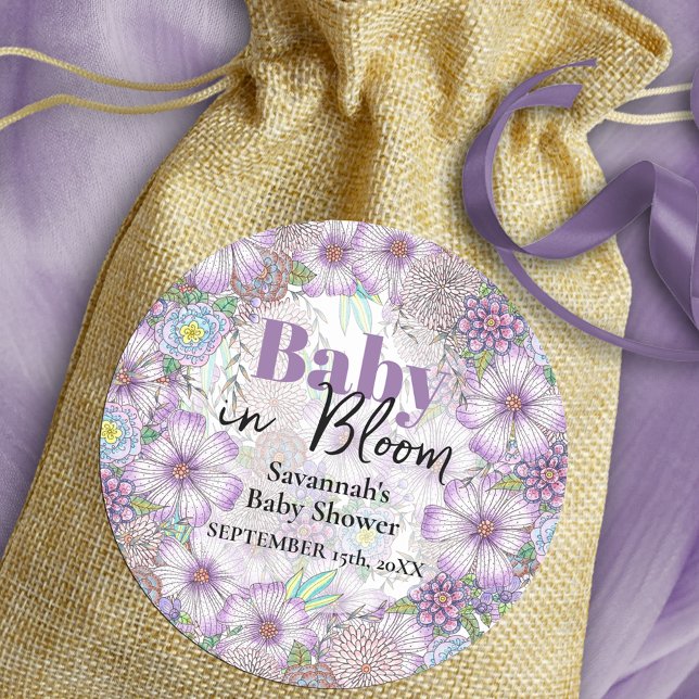 Adesivo Redondo Flores de Jardim Roxo Elegantes Bebê em Sangue (Criador carregado)