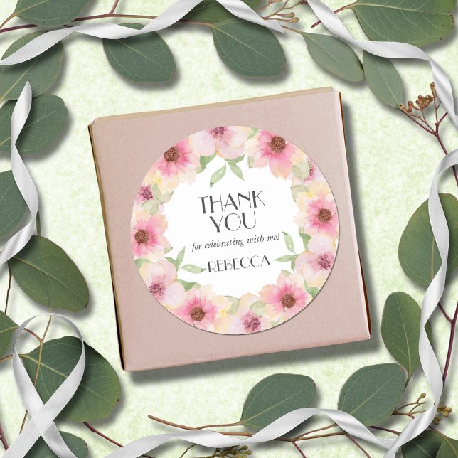 Adesivo Redondo Flores de Lâmpadas Cor-de-Água Rosa (3" round stickers with yellow and pink blush flowers, thank you and your name)
