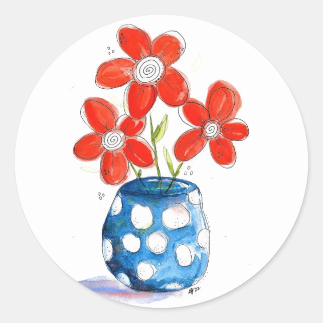 Adesivo Redondo Flores de Laranja Whimsical em Vaso Azul (Frente)