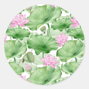 Adesivo Redondo Flores de Lotus Cor-de-Água Rosa com Folhas Grande