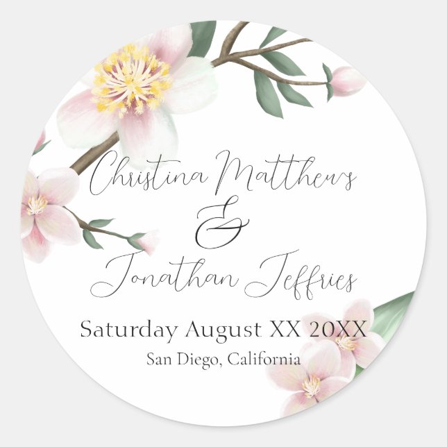 Adesivo Redondo Flores de Maçã Romântica De Aquarela (Frente)