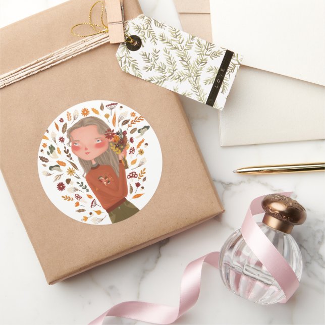 Adesivo Redondo Flores de outono e Folhas de Desenho (Presentear)