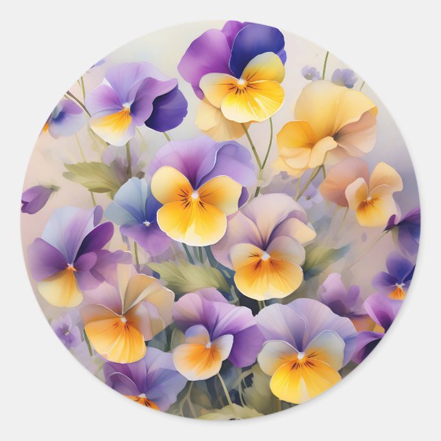 Adesivo Redondo Flores de Pansy Delicadas em Molho (Frente)