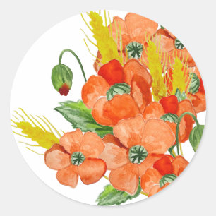 Adesivo Redondo Flores de papoila agudas de aquarelas