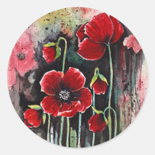 Adesivo Redondo Flores De Papoila Em Aquarela