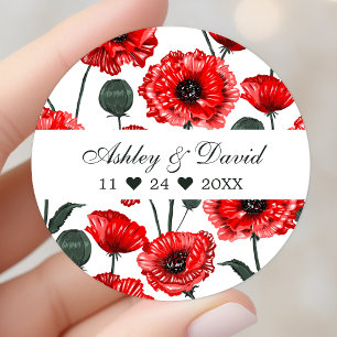 Adesivo Redondo Flores de Papoula Vermelha Casamento Personalizado