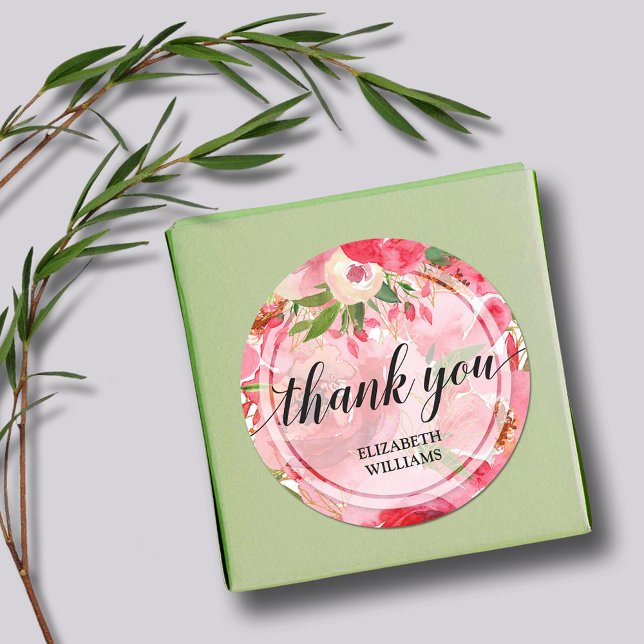 Adesivo Redondo Flores de Peônia de Texto de Agradecimento (3" round stickers with your name and Thank You on pink and cream peony flowers)