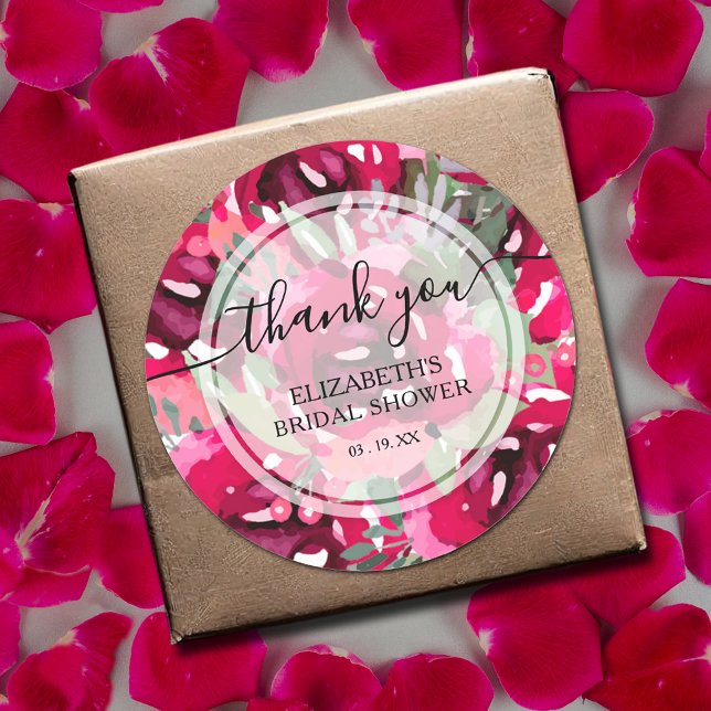 Adesivo Redondo Flores De Pink De Aquarela Obrigado (Watercolor hot pink flowers thank you bridal shower round stickers)