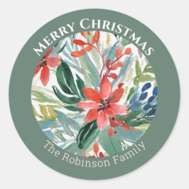 Adesivo Redondo Flores De Poinsettia Vermelha Deixam Botânica Eleg