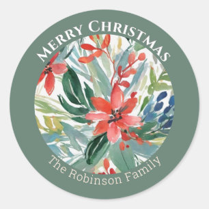 Adesivo Redondo Flores De Poinsettia Vermelha Deixam Botânica Eleg