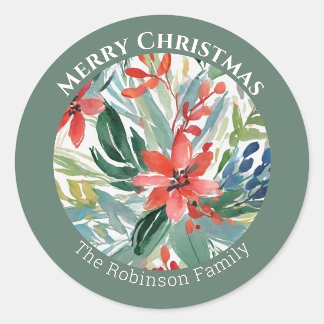 Adesivo Redondo Flores De Poinsettia Vermelha Deixam Botânica Eleg (Frente)