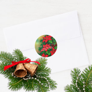 Adesivo Redondo Flores de Poinsettia Vermelha Natal Endereço de De