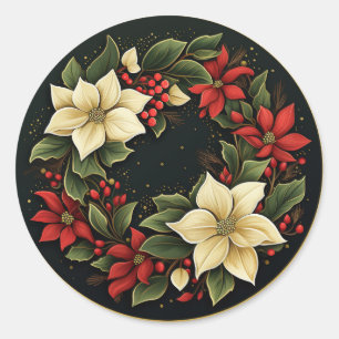 Adesivo Redondo Flores de Poinsettia Vermelhas e Creme Elegantes d