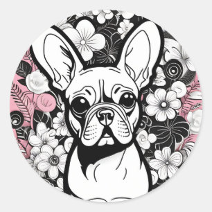Adesivo Redondo Flores de pop art e Bulldog Francês