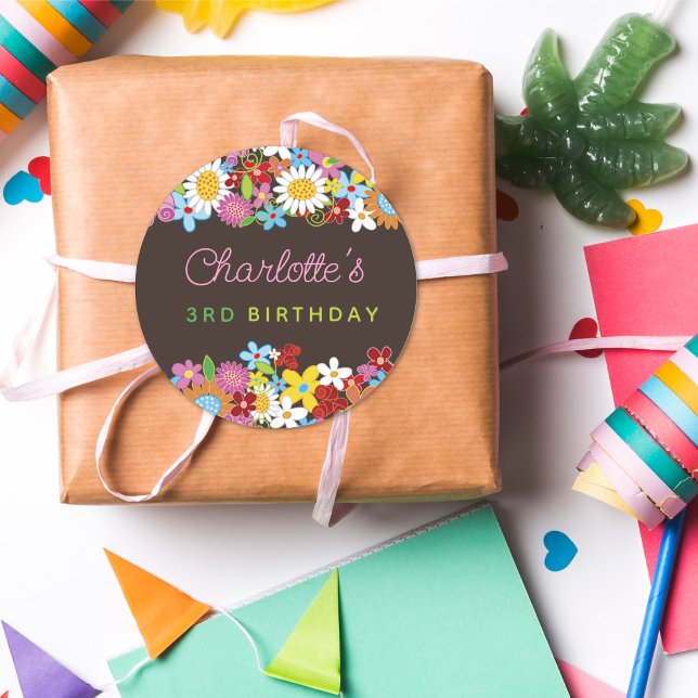 Adesivo Redondo Flores de Primavera Caprichosas Jardim Aniversário (Whimsical Colorful Spring Flowers Garden Girl's Birthday Party Favor / Envelope Seal Sticker)