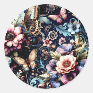 Adesivo Redondo Flores de primavera e Borboletas Antigas