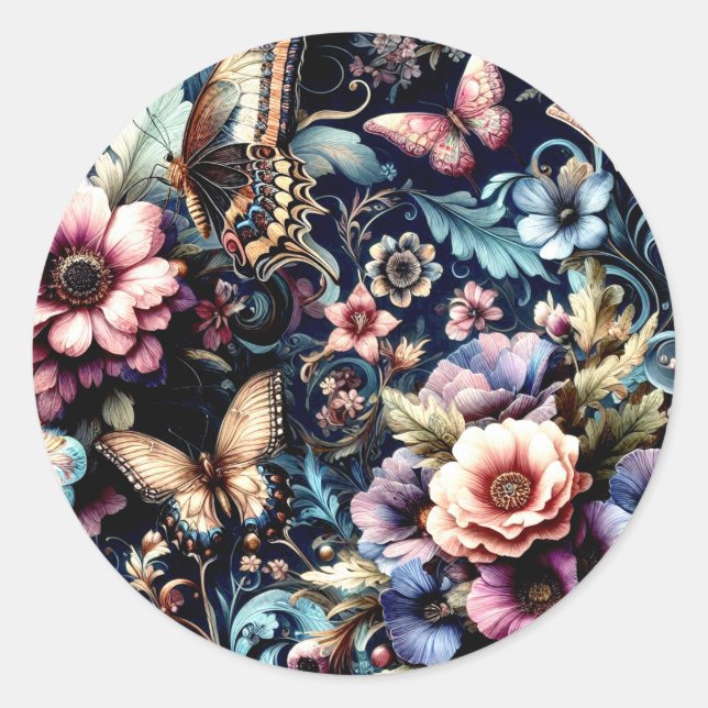 Adesivo Redondo Flores de primavera e Borboletas Antigas (Frente)