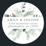 Adesivo Redondo Flores de Sempre e Algodão Elegante Endereço de Re<br><div class="desc">Este adesivo redondo apresenta folhagens de inverno pintadas à mão,  flores de algodão com texturas douradas e aquarela. Para personalização mais avançada deste design,  clique no link "personalizar mais". Itens correspondentes também estão disponíveis.</div>