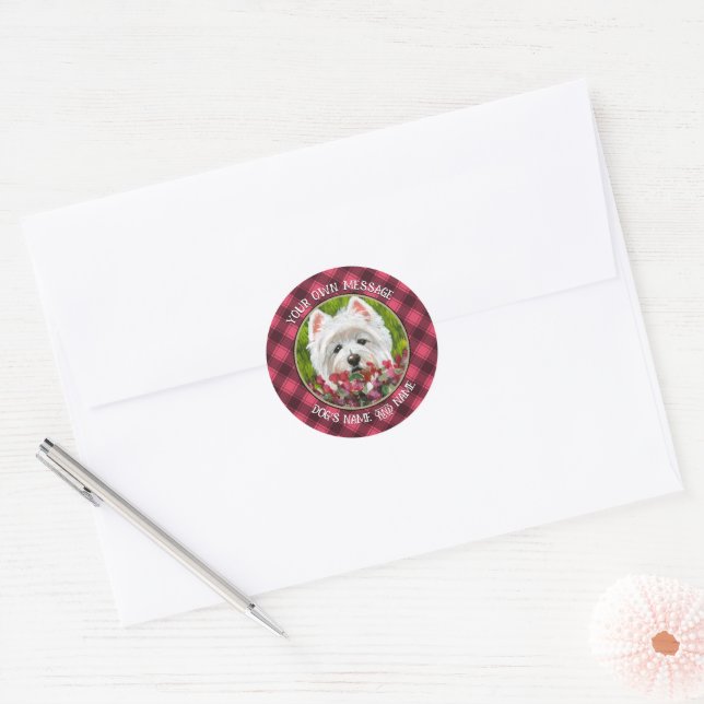 Adesivo Redondo Flores de Westie e Rosa (Envelope)