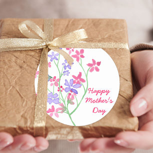 Adesivo Redondo Flores Delicadas em Aquarela - Feliz Dia das Mães