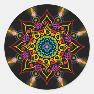 Adesivo Redondo Flores Diwali Rangoli com lâmpadas de óleo