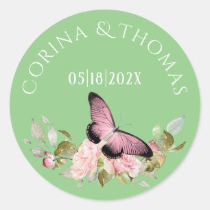 Adesivo Redondo Flores e borboletas rosa no casamento verde