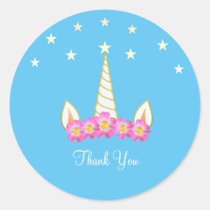 Adesivo Redondo Flores e Estrelas do Unicórnio Obrigado