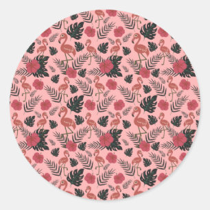 Adesivo Redondo Flores e folhas de padrão uniforme, cor-de-rosa,
