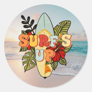 Adesivo Redondo Flores e folhetos tropicais de surfe de Verão