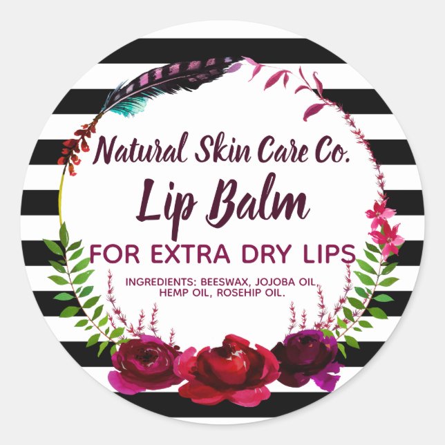 Adesivo Redondo Flores E Listras Rótulos Comerciais De Lip Balm (Frente)