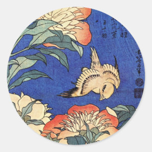 Adesivo Redondo Flores e pássaro, Hokusai