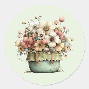 Adesivo Redondo Flores em Vasos Aconchegante Shabby Fofo