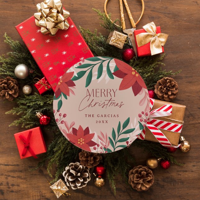 Adesivo Redondo Flores Festivas de Poinsettia no Natal (Round Christmas gift sticker with poinsettias and botanicals)