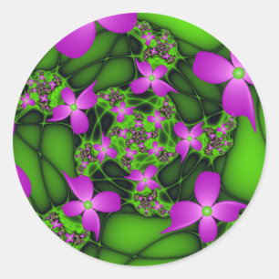 Adesivo Redondo Flores Fractais Abstratas Modernas Rosa Verde Neon