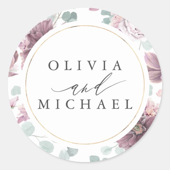 Adesivo Redondo Flores Mauve e Casamento Elegante de Quadro Dourad (Frente)